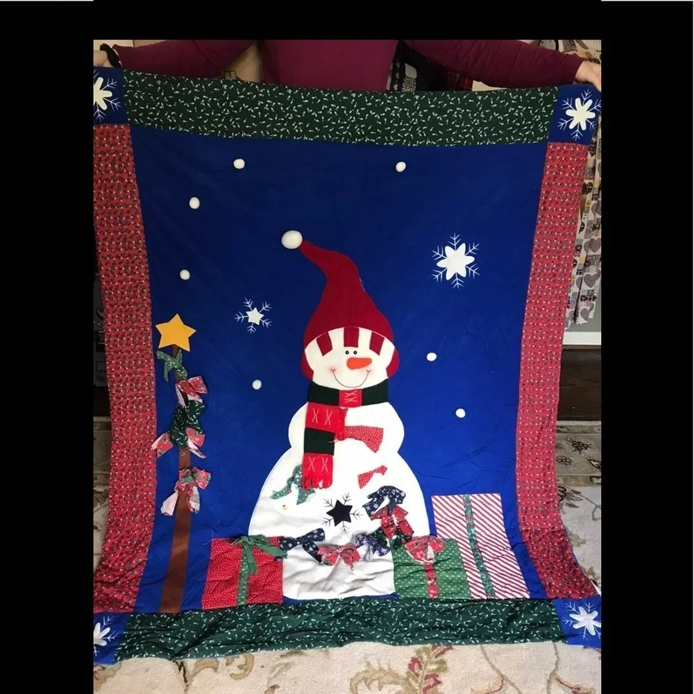 Rare Vintage 1970’s Handmade Snowman Holiday Quilt 4 Feet Tall